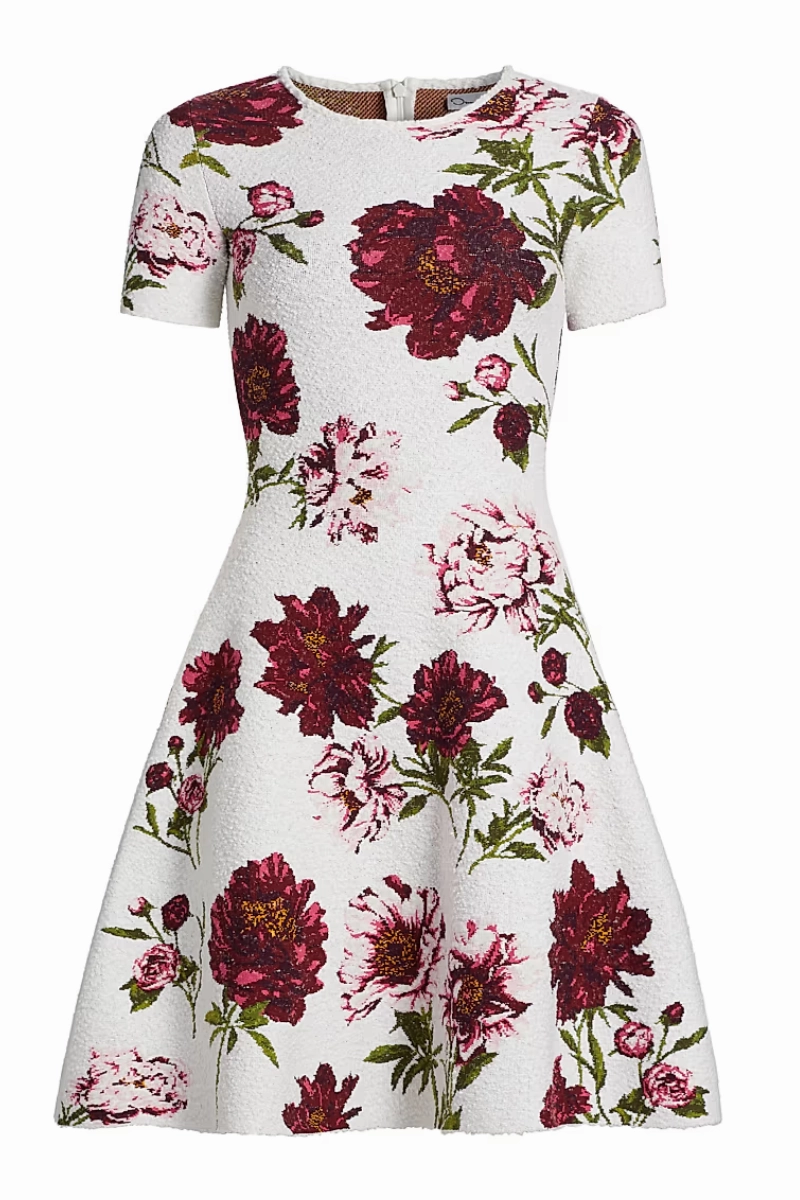 Minimalist fit-and-flare Airy Drape Boucle Peony Jacquard Knit Dress