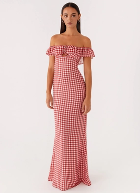 Breezy Style Scarlet Cherry Maxi Dress - Red Gingham