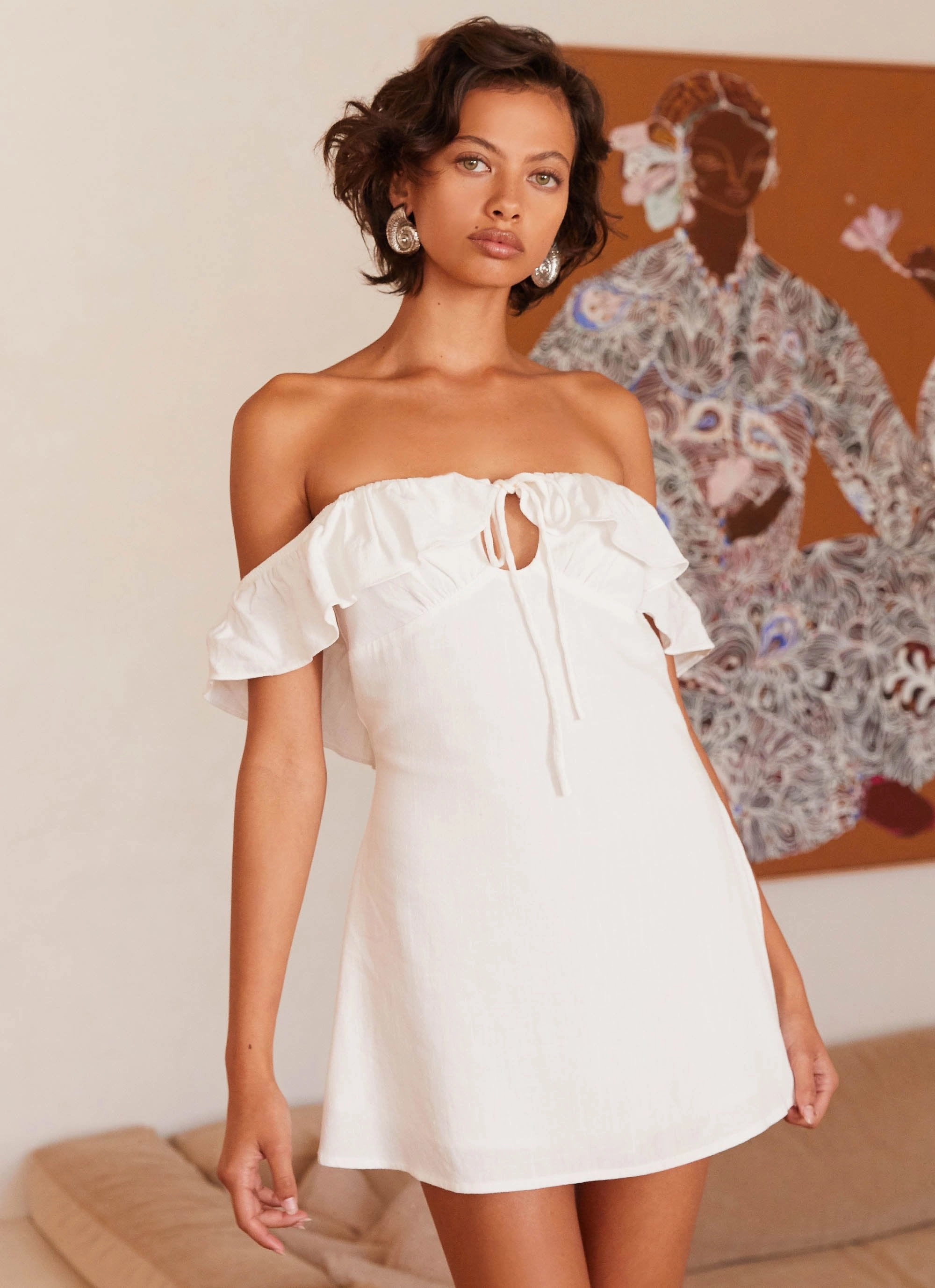 Texas Sun Linen Mini Dress - White Relaxed Waist