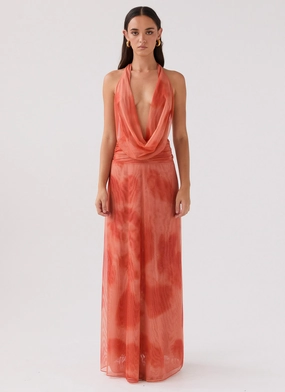 Elysia Chiffon Maxi Dress - Fiery Fusion Statement-Print Pure Aesthetic