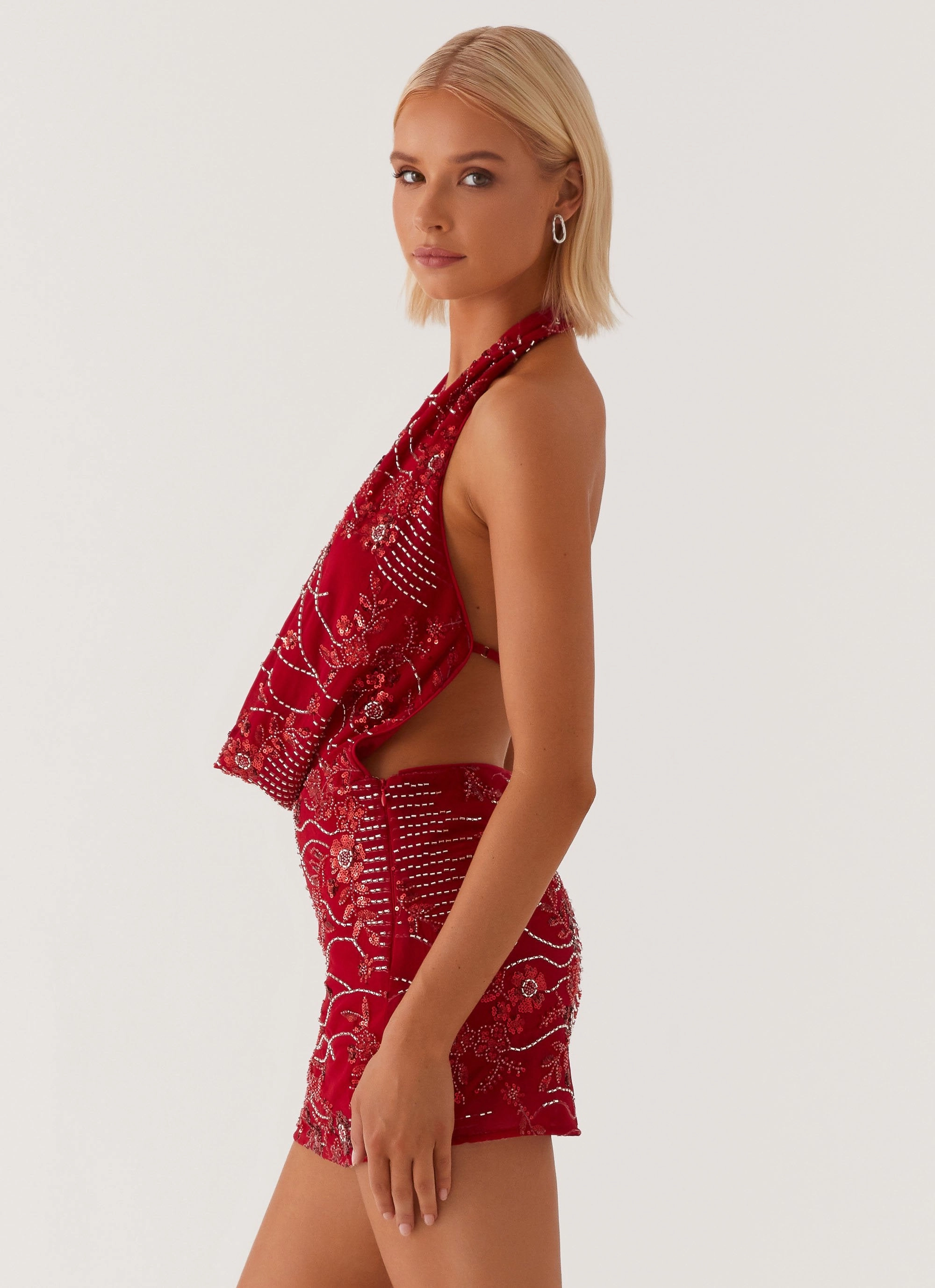 Airy Comfort Comfy Yet Stylish Olisa Cowl Neck Beaded Mini Dress - Red