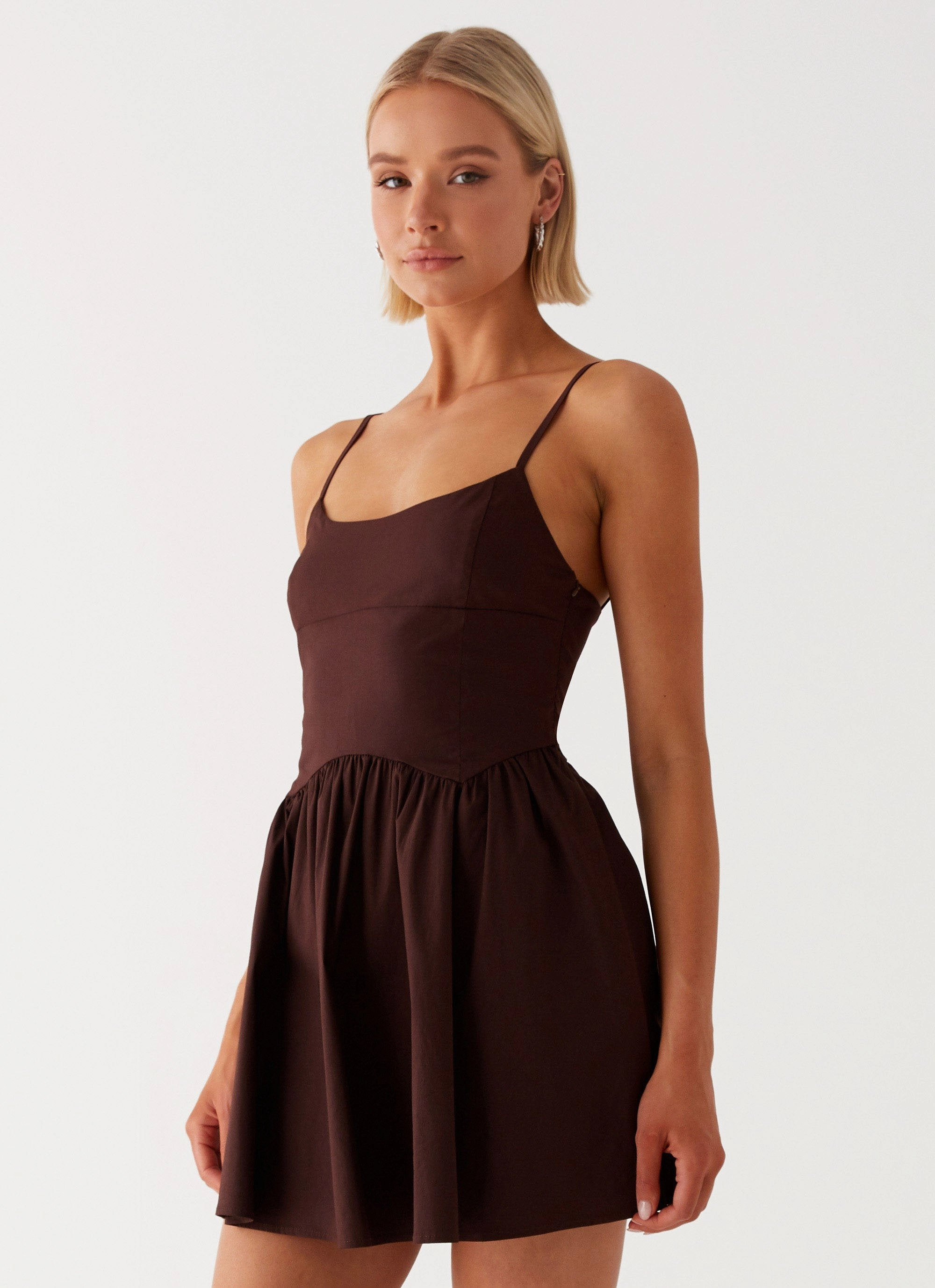 Glossy Fabric One-Shoulder Tesoro Mio Mini Dress - Chocolate