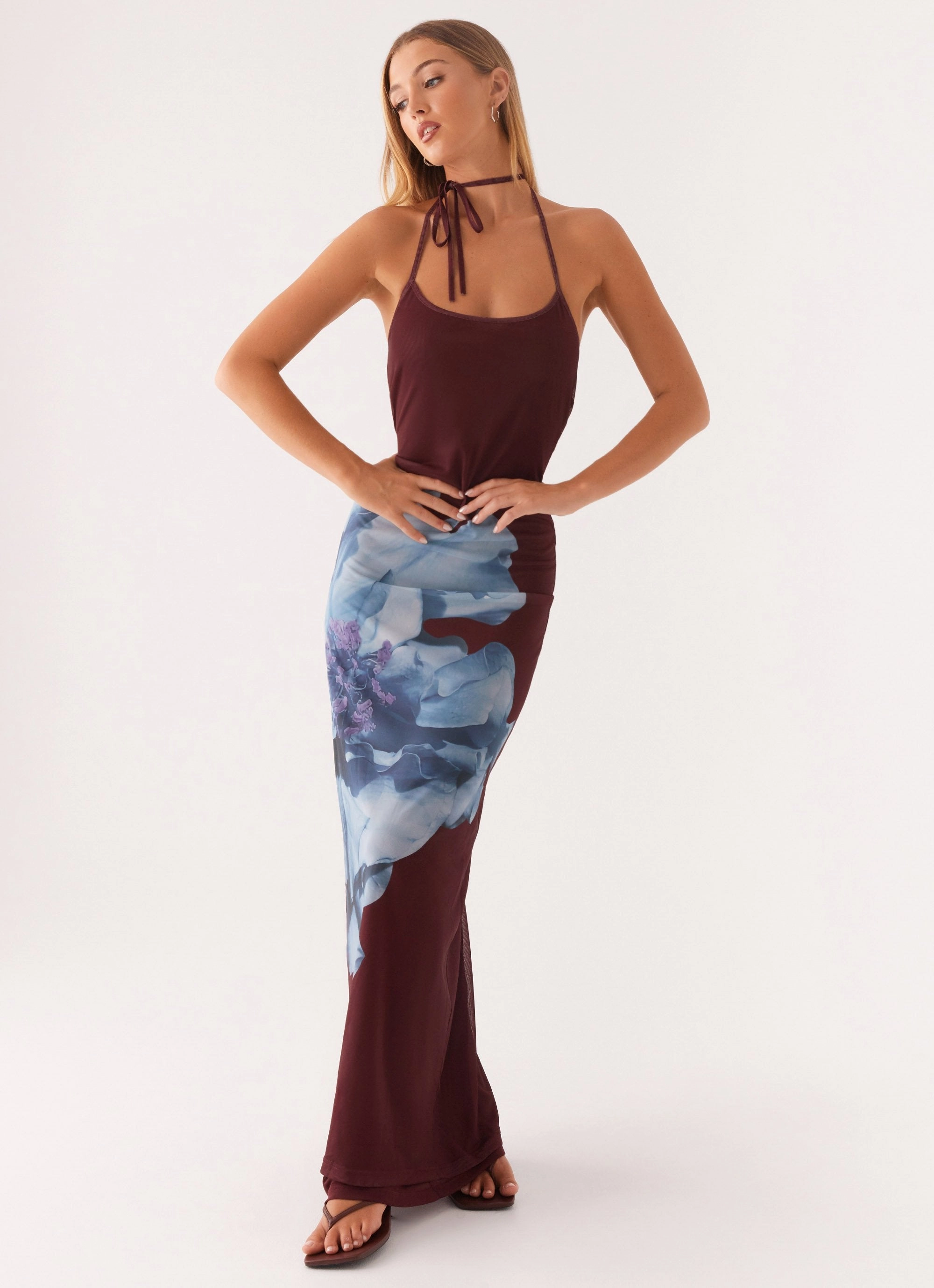 Dayana Halterneck Maxi Dress - Maroon Print Sunny Lace Slim Silhouette