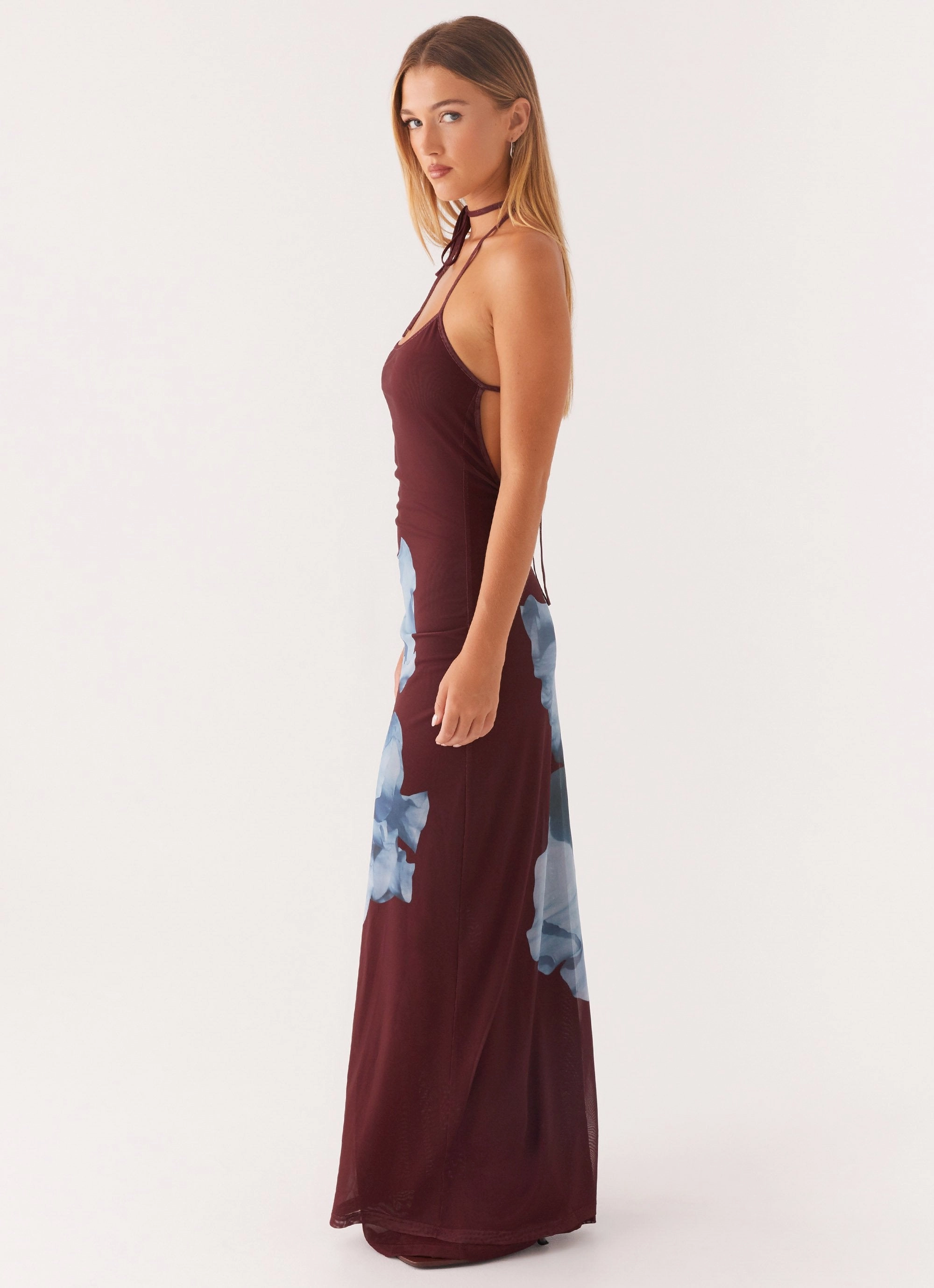 Organic-Fabric Dayana Halterneck Maxi Dress - Maroon Print