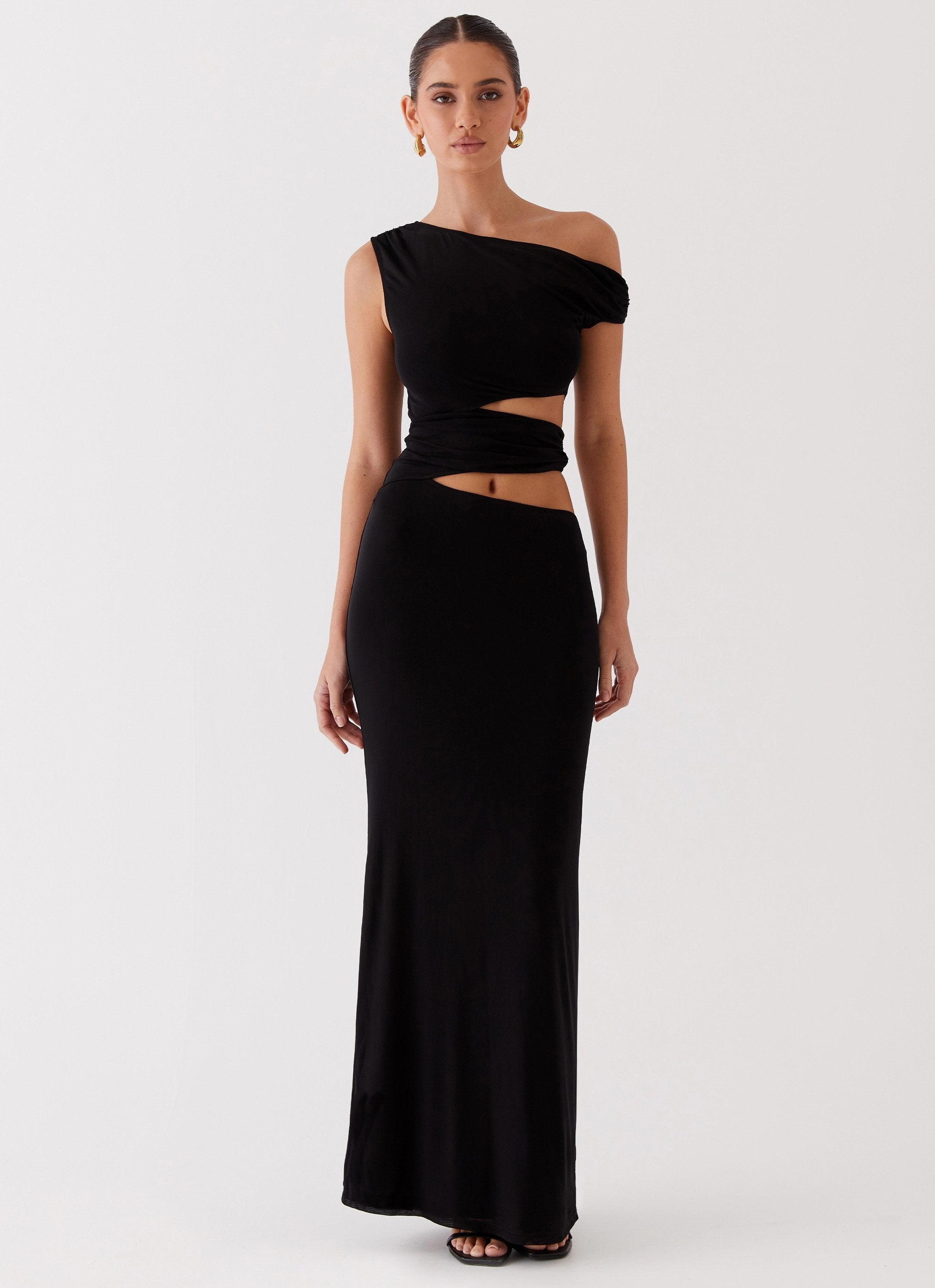 Quick Drying Open Design Margot One Shoulder Maxi Dress - Black