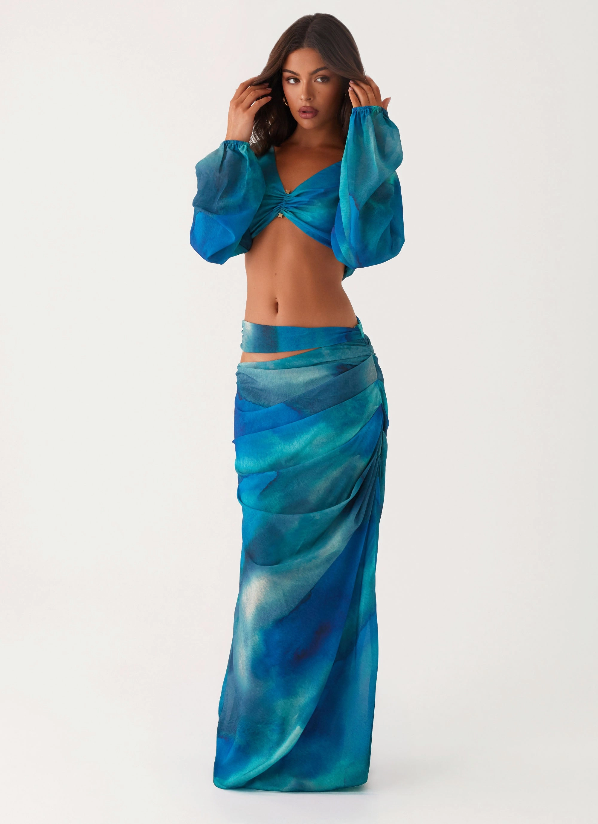 Chic Look Low Rise Austin Cut Out Maxi Skirt - Blue Tie Dye