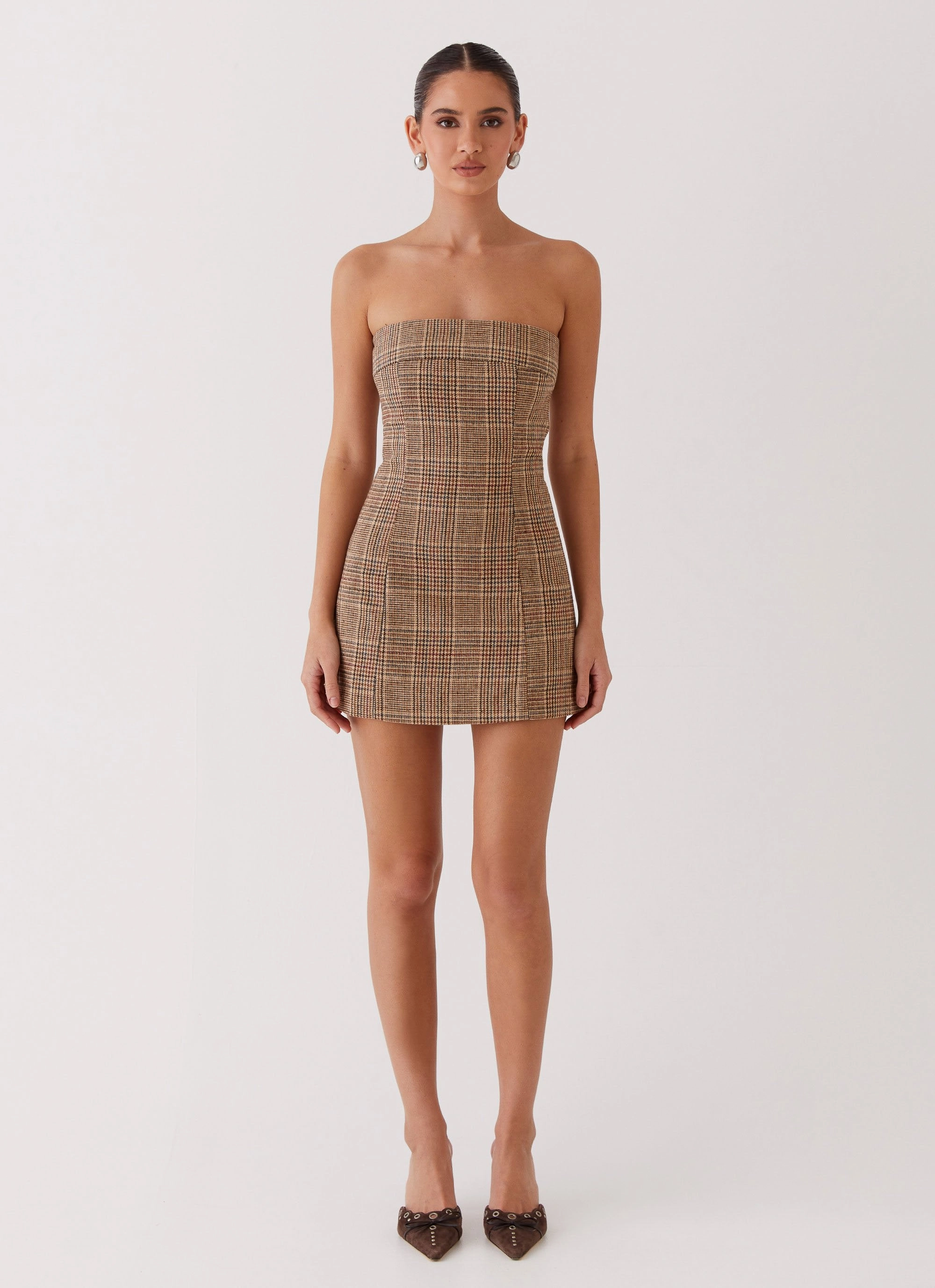 Wardrobe-Staple Sage Detail Vivenda Strapless Mini Dress - Brown Plaid