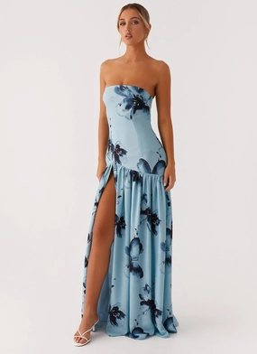 Eden Strapless Maxi Dress - Blue Black Floral Trendy wrap gown All-Day Wear