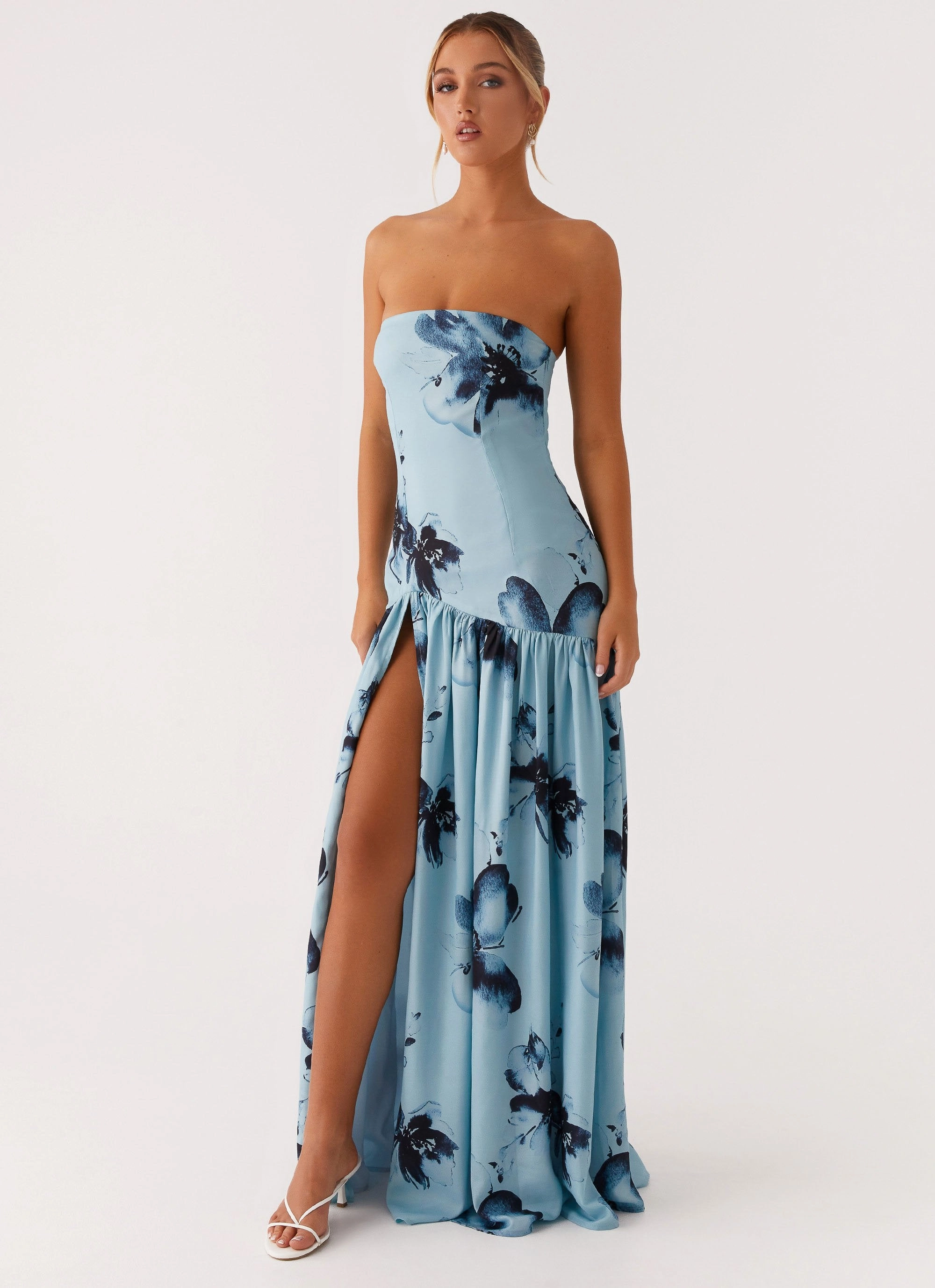 Eden Strapless Maxi Dress - Blue Black Floral Trendy wrap gown All-Day Wear
