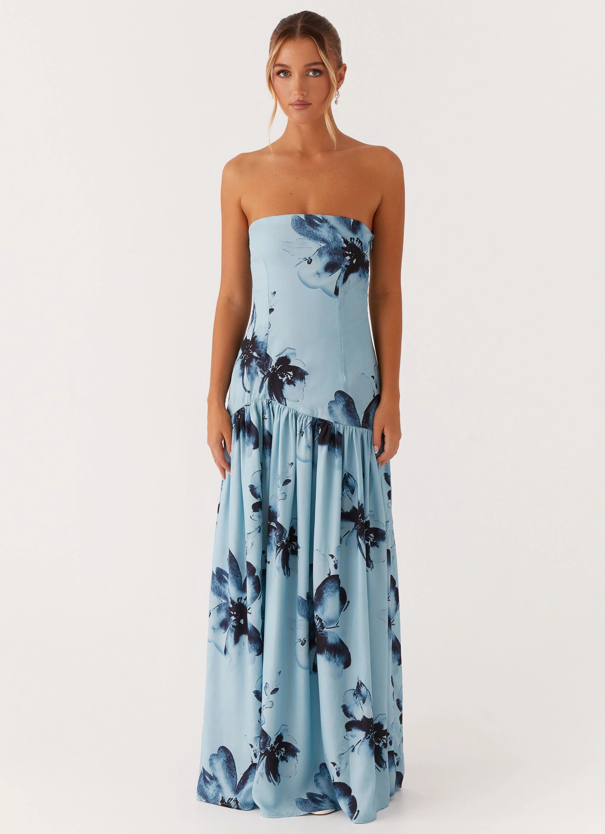 Eden Strapless Maxi Dress - Blue Black Floral Thermal-Lined Airy Silk