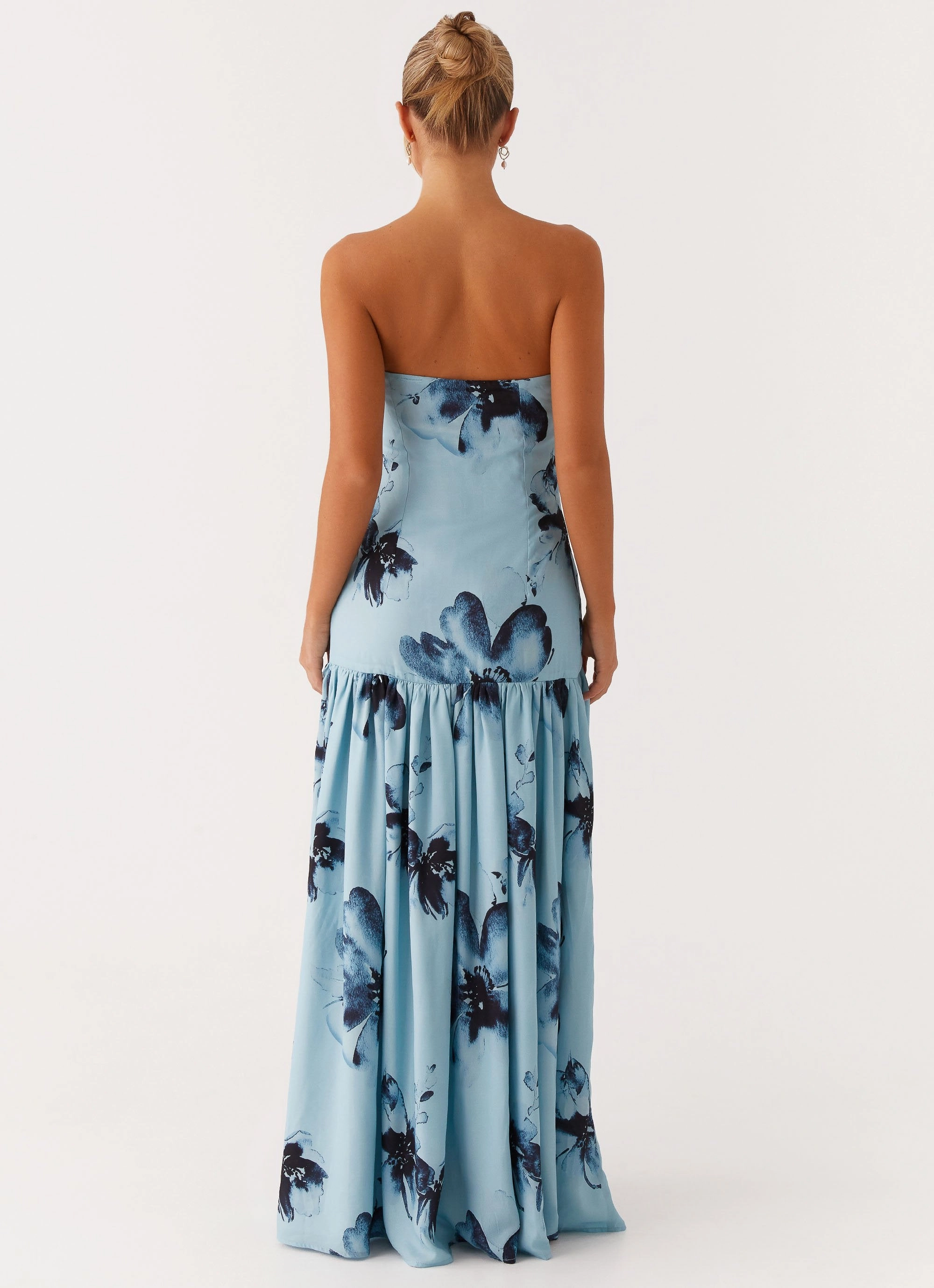 Eden Strapless Maxi Dress - Blue Black Floral Light Coral Dinner Outfit