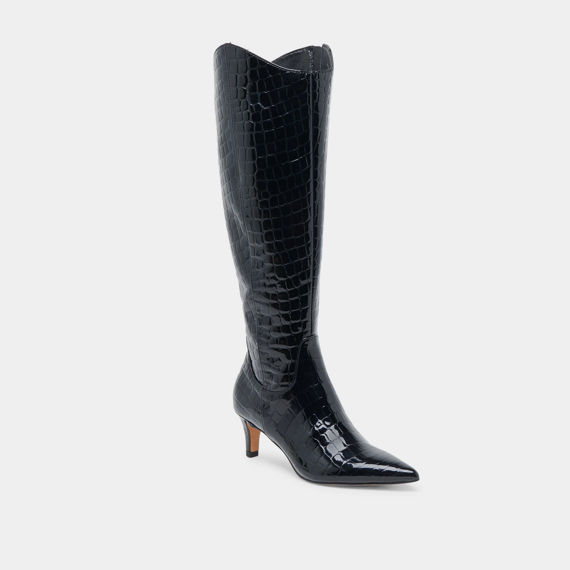 Abrasion Resistant Toe Cap Color Pop SHILAH WIDE CALF BOOTS NOIR EMBOSSED LEATHER