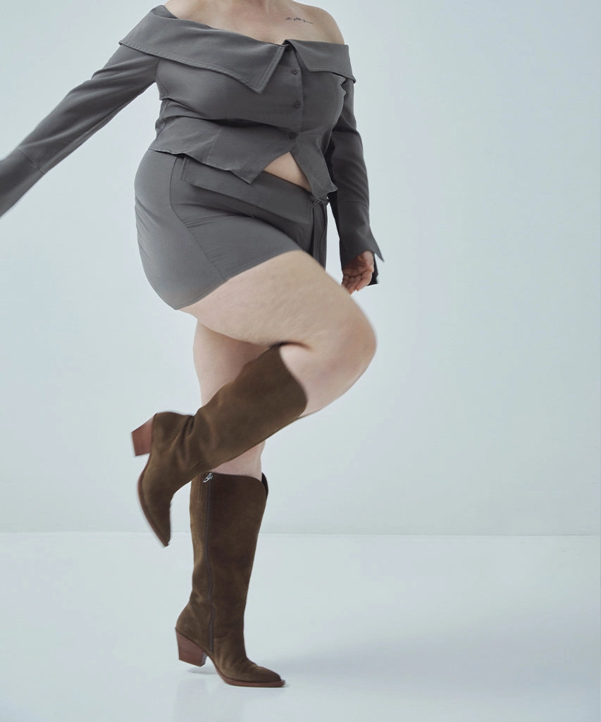 RAJ EXTRA WIDE CALF BOOTS BROWN SUEDE Metallic Buckle