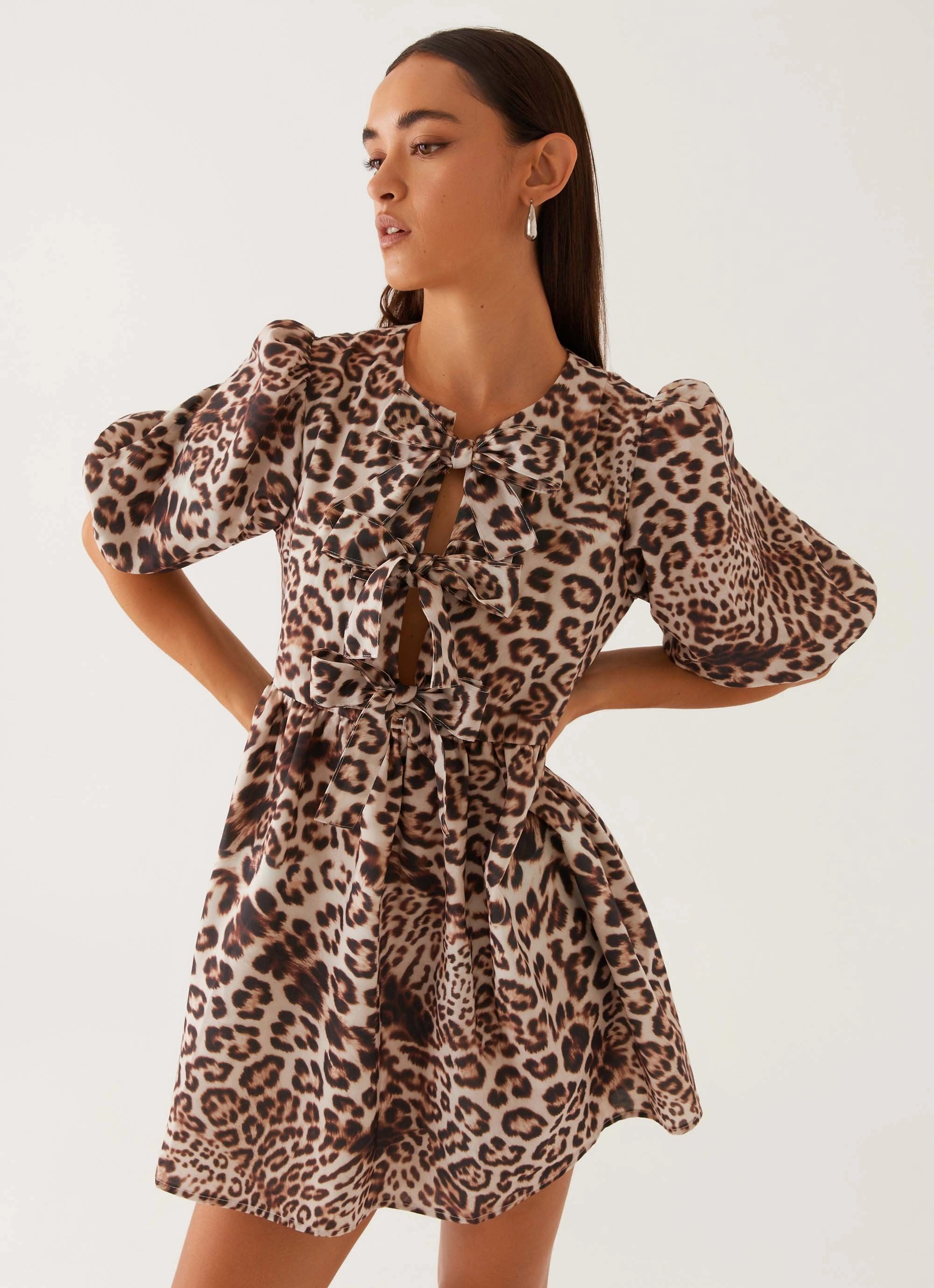 Aura Glow Casual Comfort Western Wind Tie Mini Dress - Leopard