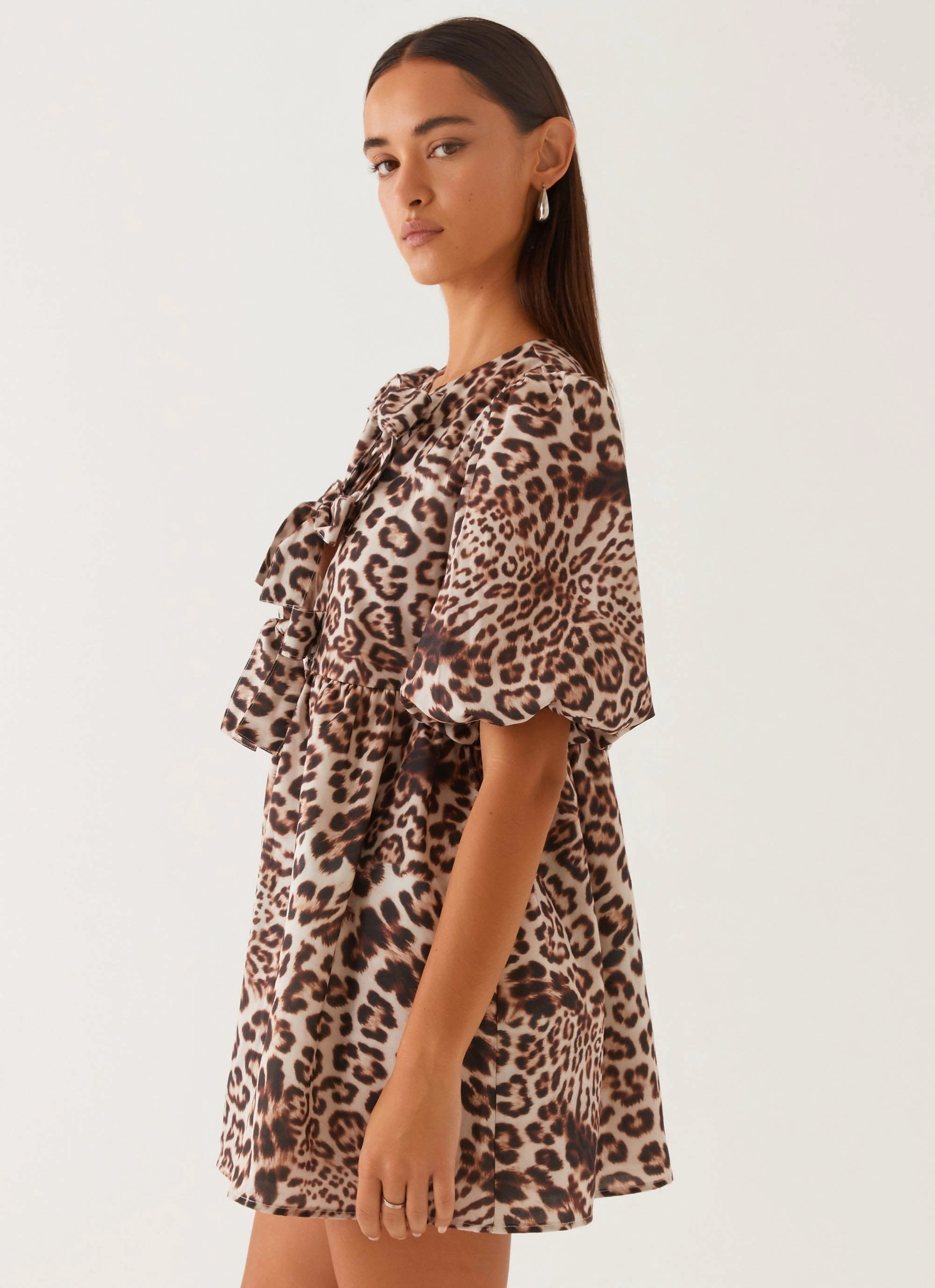 Breathable Layering Comfort Western Wind Tie Mini Dress - Leopard