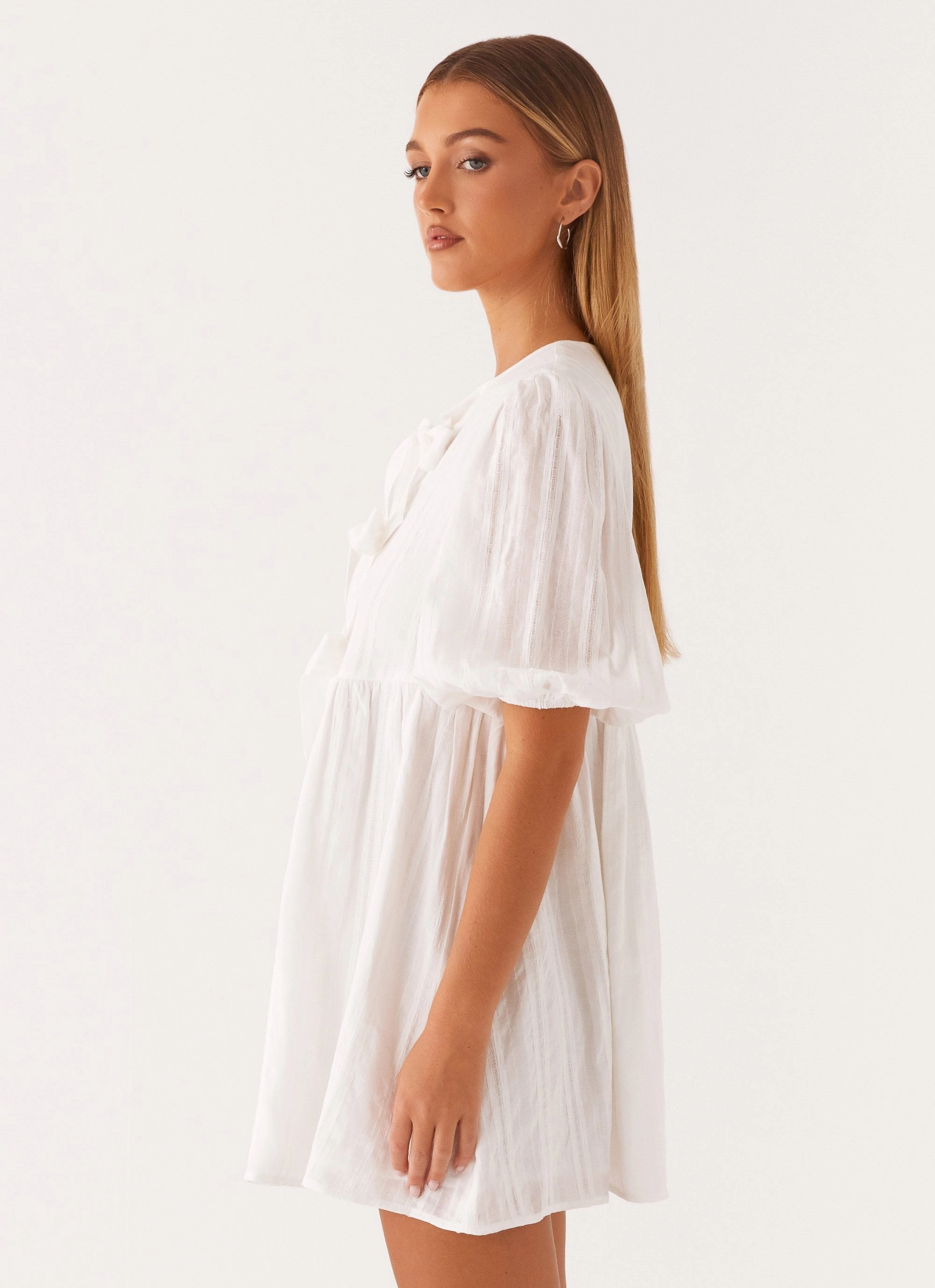 Western Wind Tie Mini Dress - White Modern Lines
