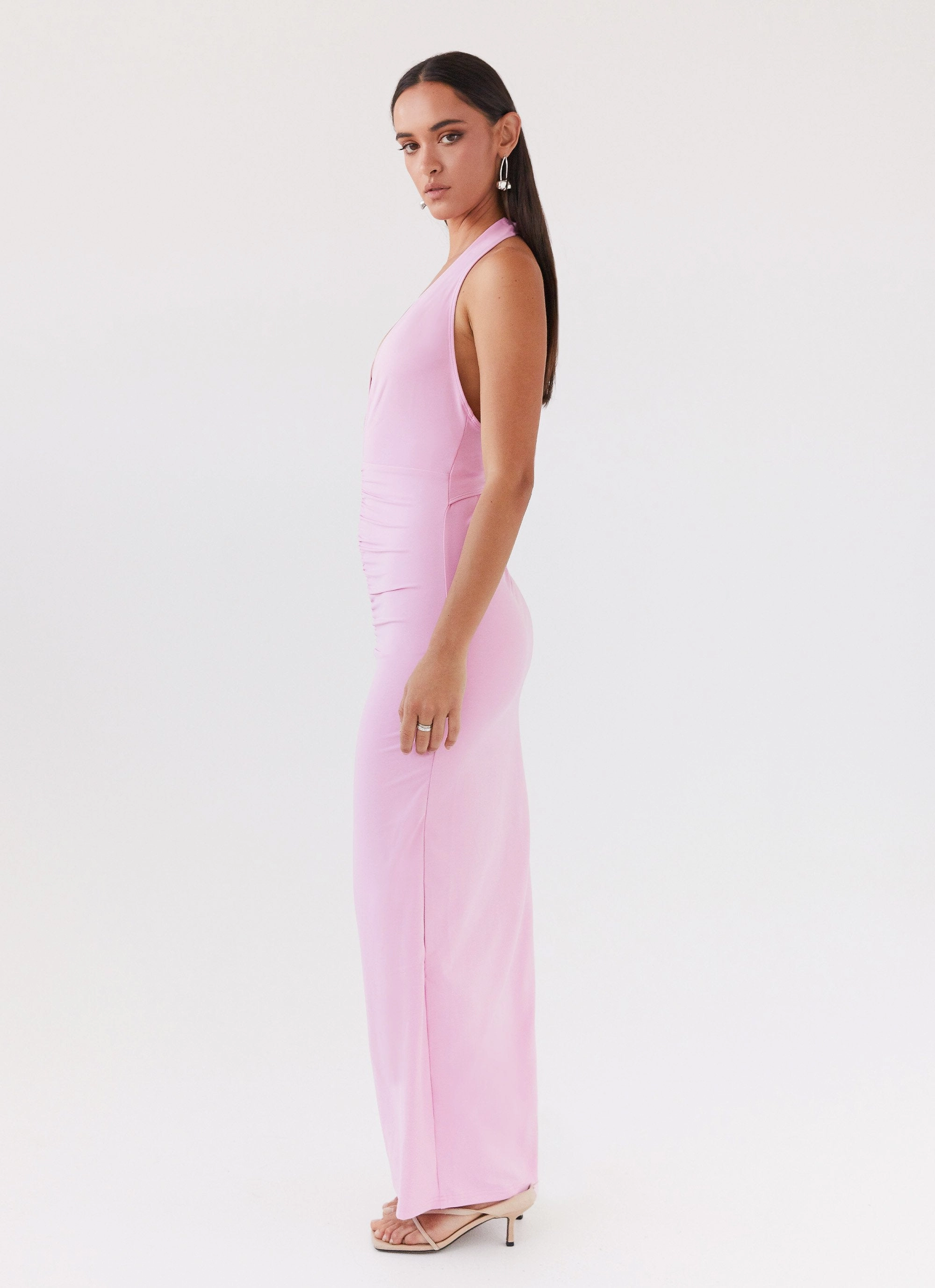 Whisked Away Halterneck Maxi Dress - Pink Outdoor Scene