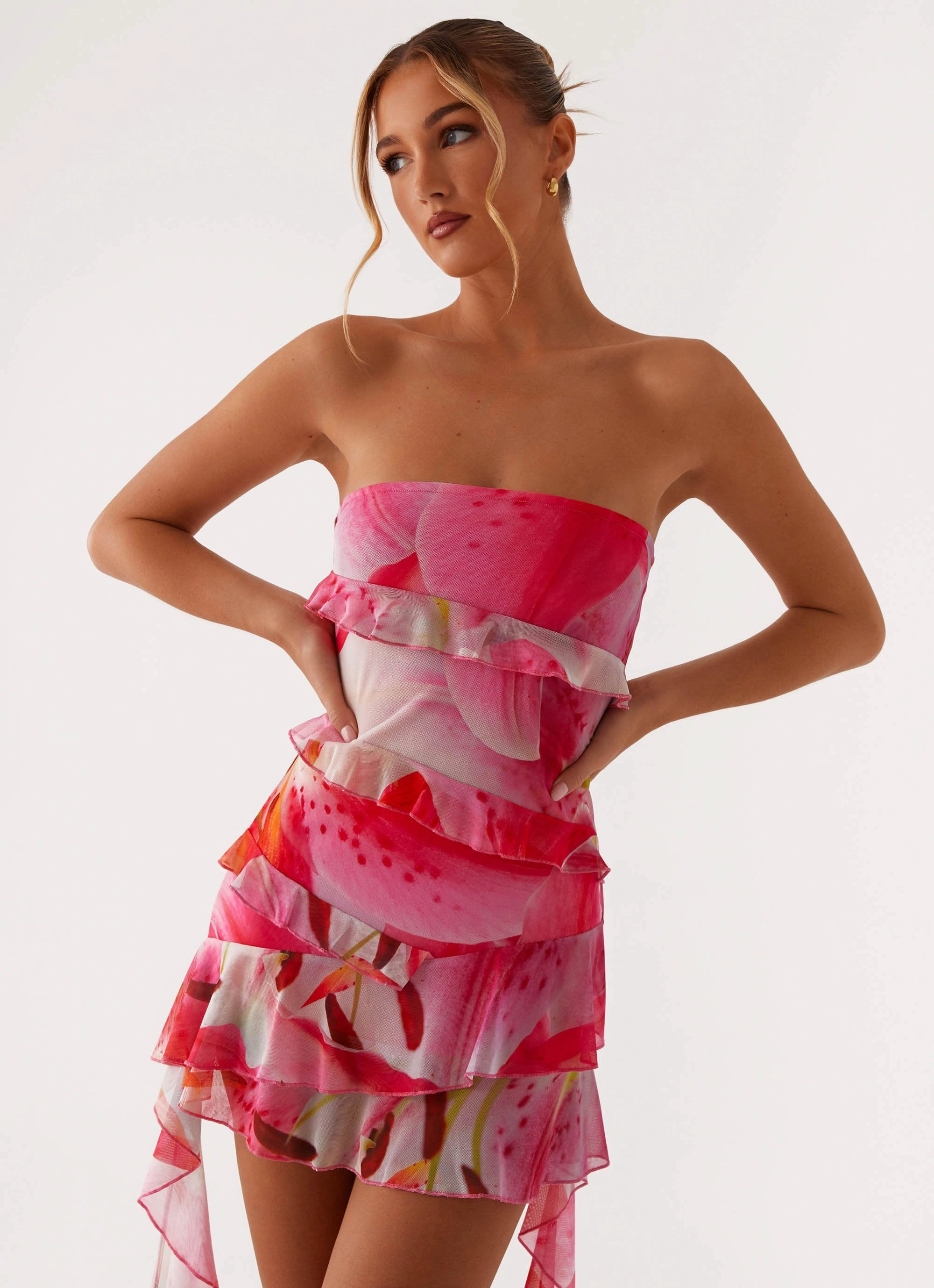 Macey Mini Dress - White Pink Lilly Flowy summer gown Relaxed Design