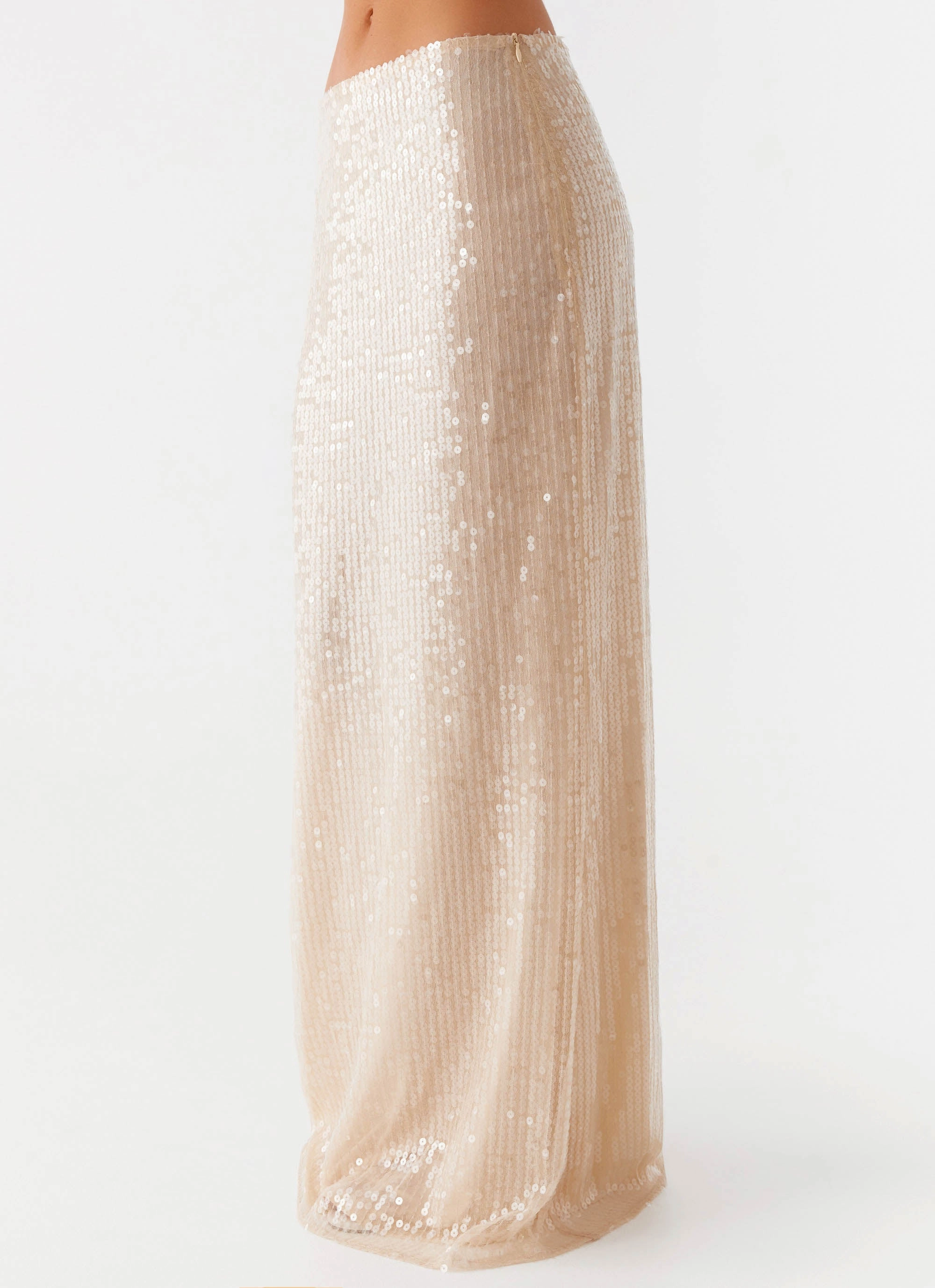 Wisteria Low Rise Sequin Maxi Skirt - Champagne Crisp Edge