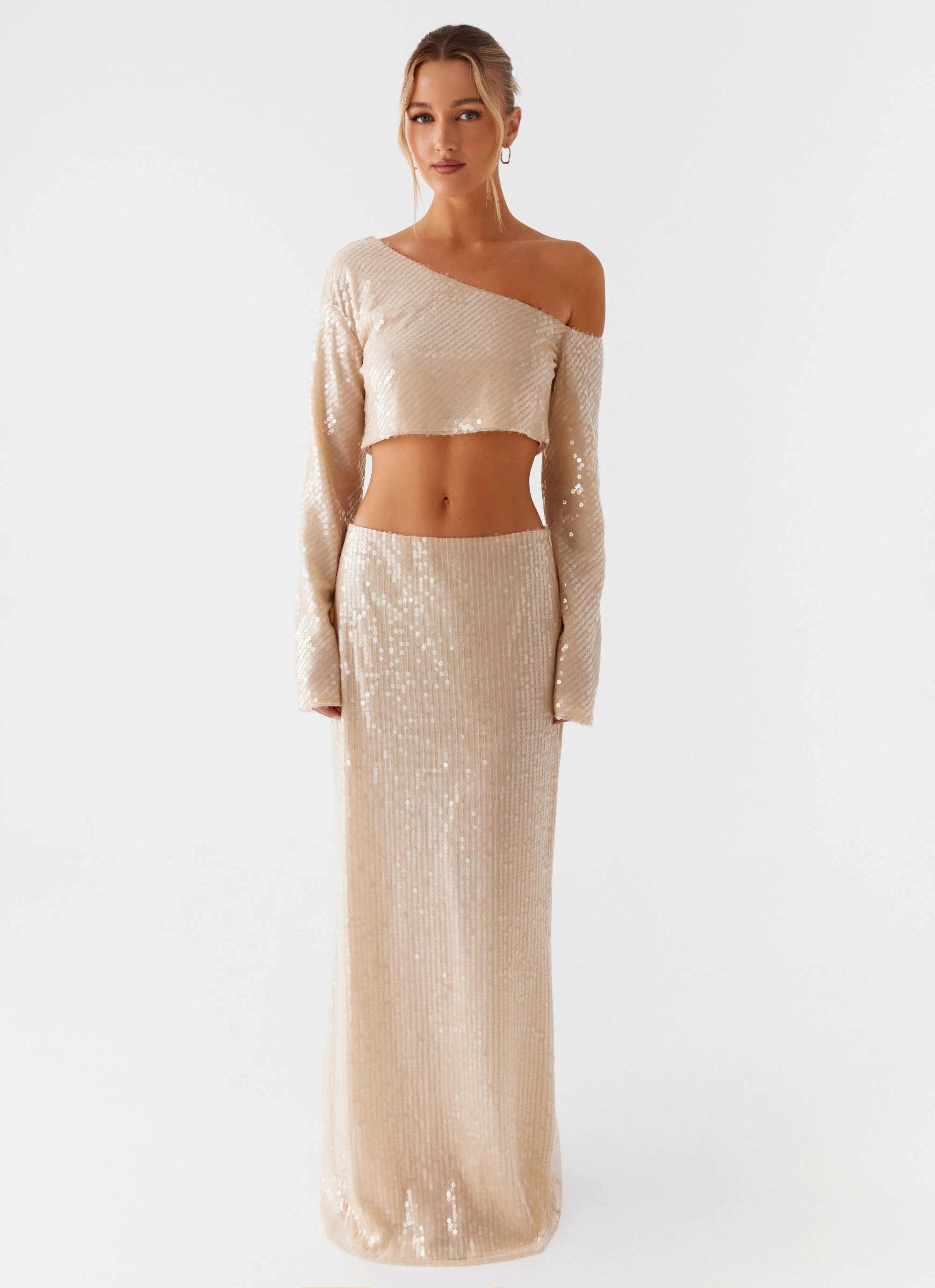 Clean Mood All Day Wisteria Low Rise Sequin Maxi Skirt - Champagne
