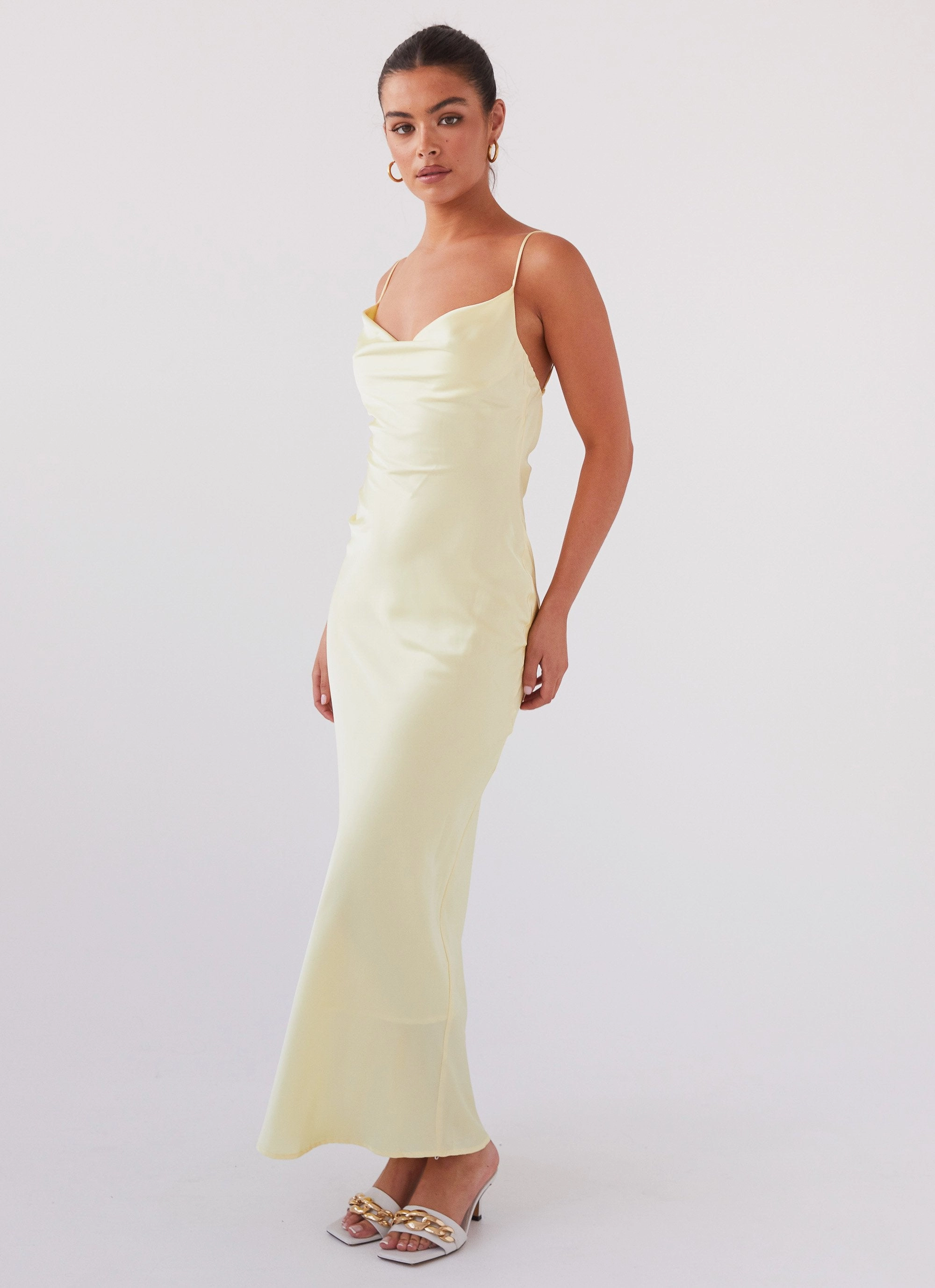 Belt Waist Joanna Satin Maxi Dress - Lemon