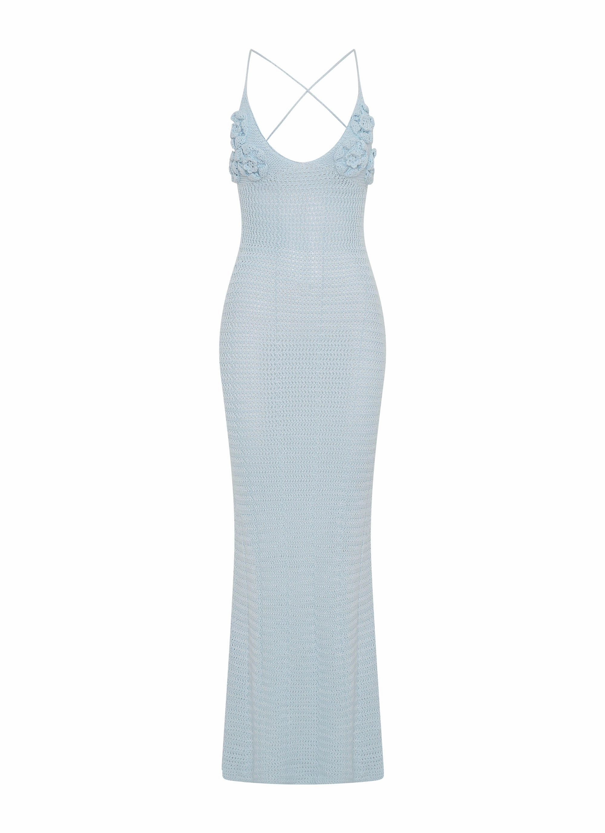 Semi Sheer Zara Rose Crochet Maxi Dress - Blue