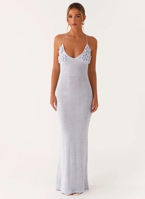 Zara Rose Crochet Maxi Dress - Blue Flowing Texture Day Ready