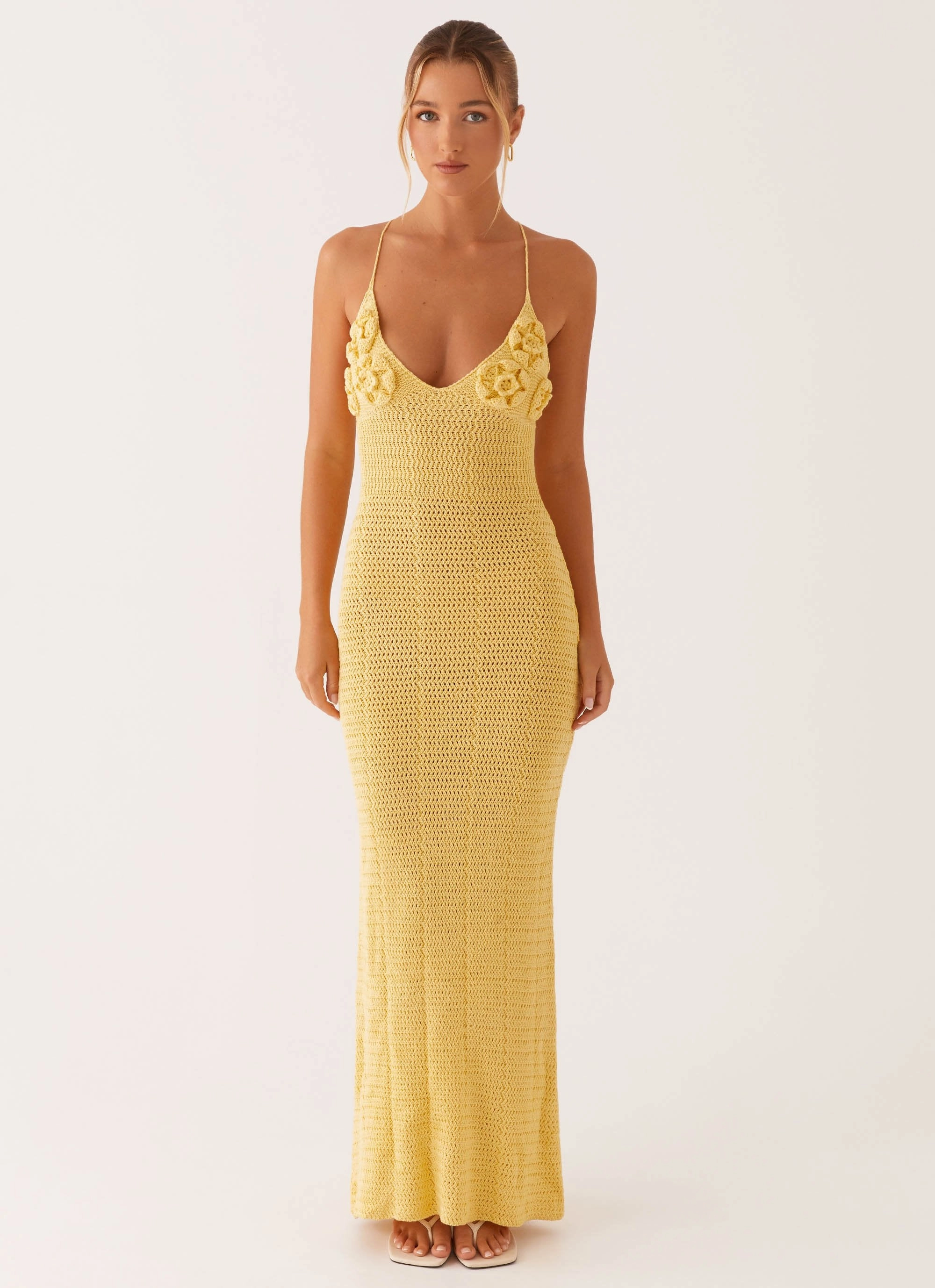 Structured-Shape Workwear Comfort Zara Rose Crochet Maxi Dress - Yellow