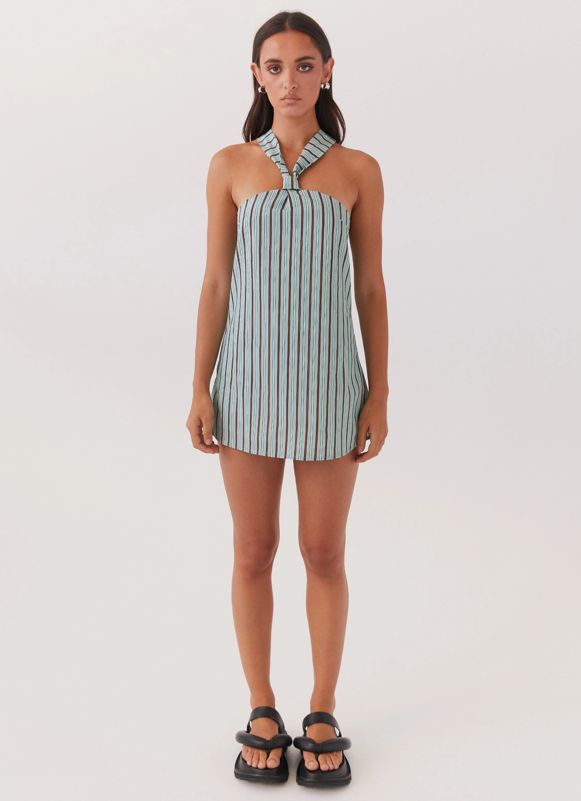 Winter Layering Airy Drape Keira Linen Mini Dress - Coastal Stripe